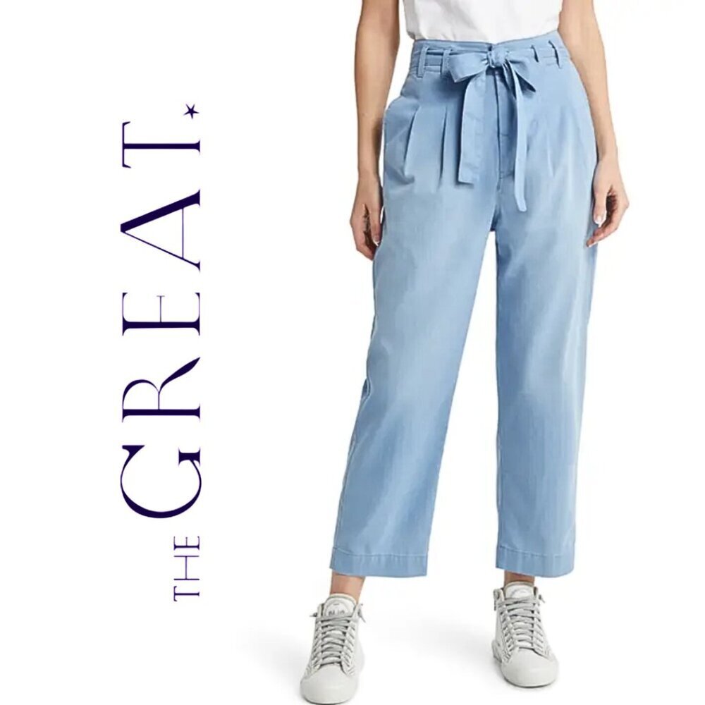 The Great., Statesman Tie Waist‎ Wide Leg Chambray Cropped Trousers, Light Blue
